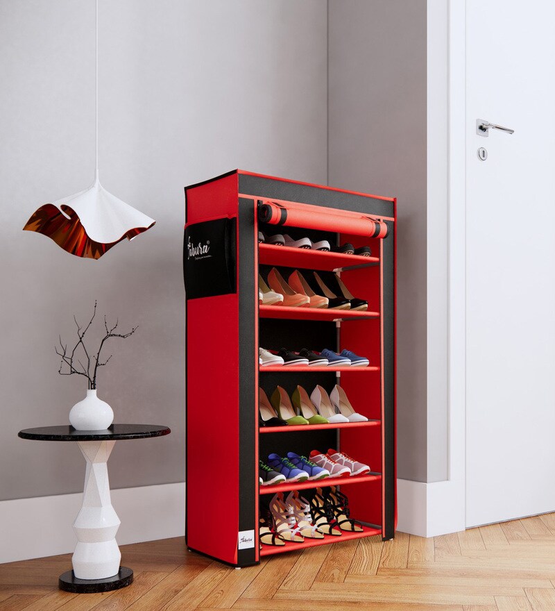 Buy Alpine Fabric Open Shoe Rack in Red & Black Finish by FABURA Online