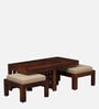 Sheffield Solid Wood Nesting Coffee Table Set in Honey Oak Finish With Cushioned Stools