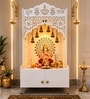 Shubh Labh Engraving White Wooden Floor Cabinet Home Temple