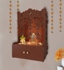Shubh Labh Symbol of Hindu Religious Brown Wooden Wall Temple for Home With Inbuilt focus Lights & Spacious Shelf