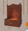Shubh Labh Symbol of Hindu Religious Brown Wooden Wall Temple for Home With Inbuilt focus Lights & Spacious Shelf