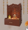 Shubh Labh Symbol of Hindu Religious Brown Wooden Wall Temple for Home With Inbuilt focus Lights & Spacious Shelf
