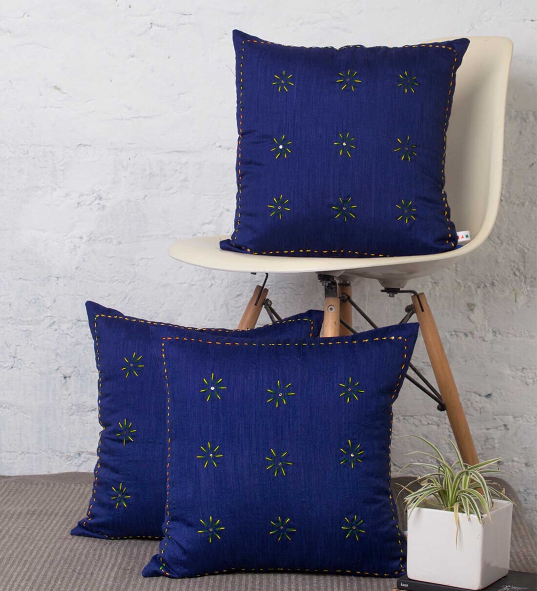 Buy Blue Traditional Silk 16 x 16 Inches Hand Embroidered Cushion Covers (Set of 3) by RangDesi
