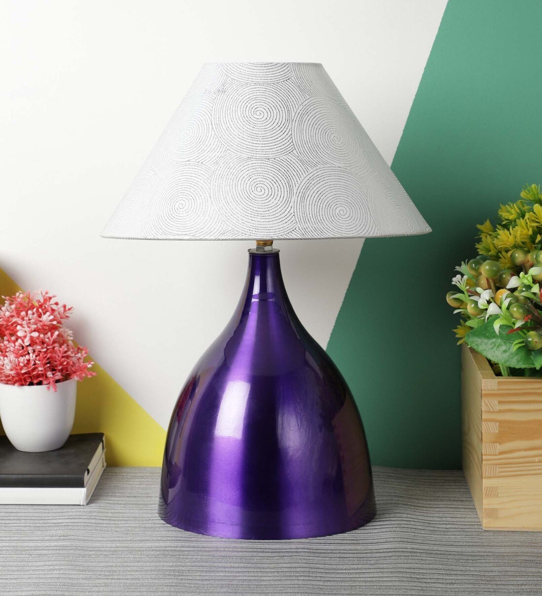 Buy Silver Fabric Shade Table Lamp with Purple Base by Foziq Online