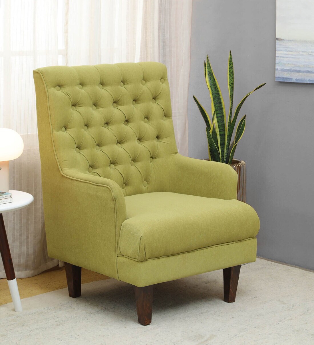 Buy Fernand Fabric Full Back Lounge Chair In Olive Green Colour at 8