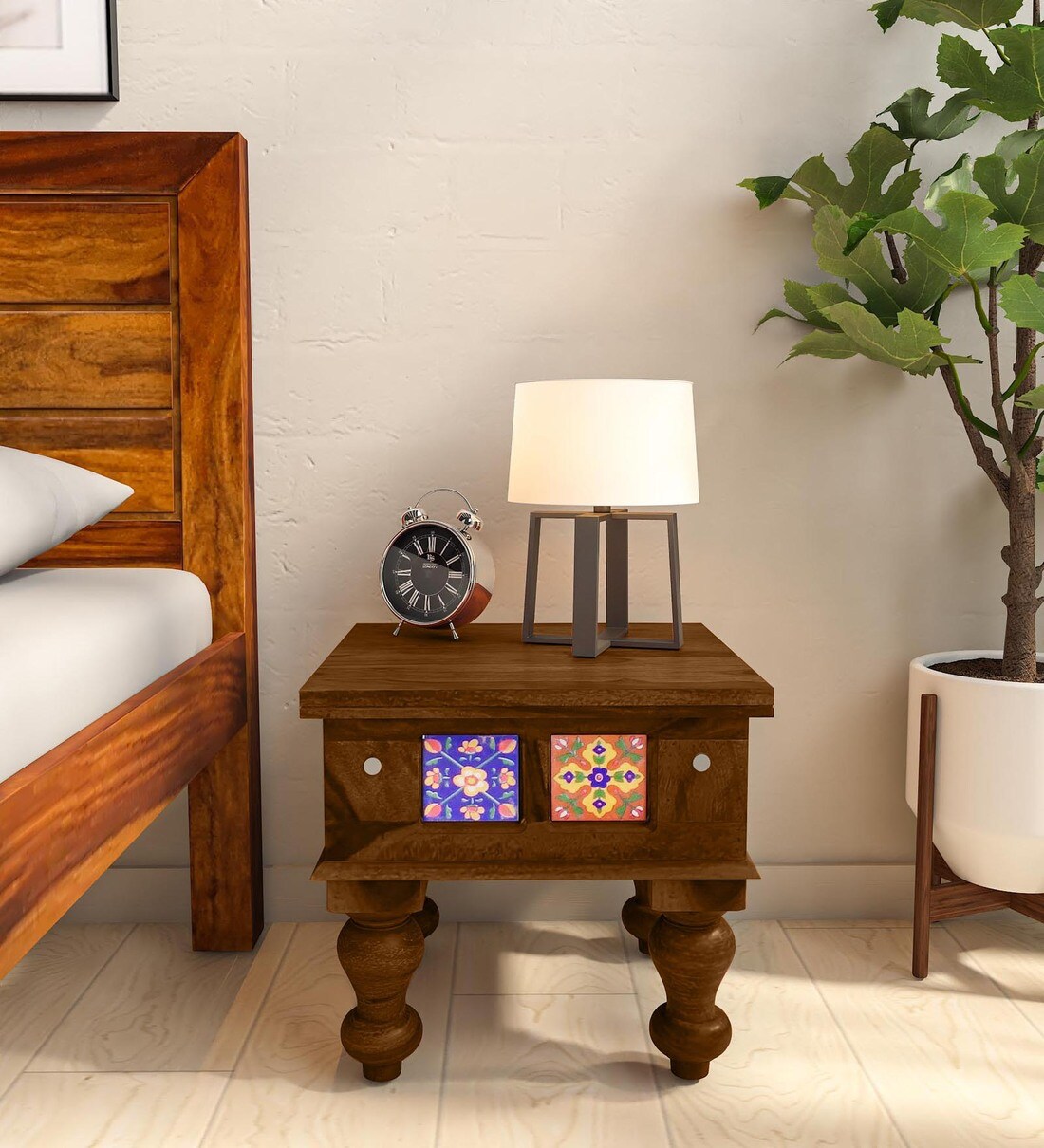 Buy Siramika Sheesham Wood Bedside Table In Provincial Teak Finish at