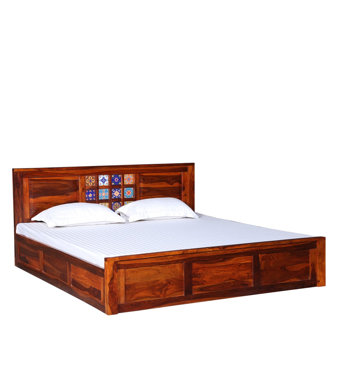 Buy Siramika Solid Wood King Size Bed with Storage in Honey Oak Finish