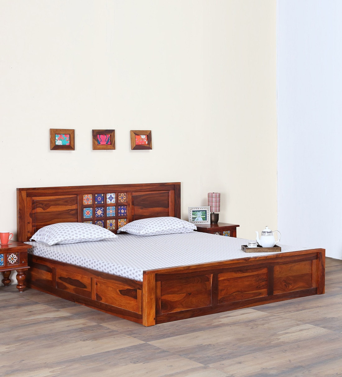 Buy Siramika Solid Wood King Size Bed With Box Storage In Honey Oak ...