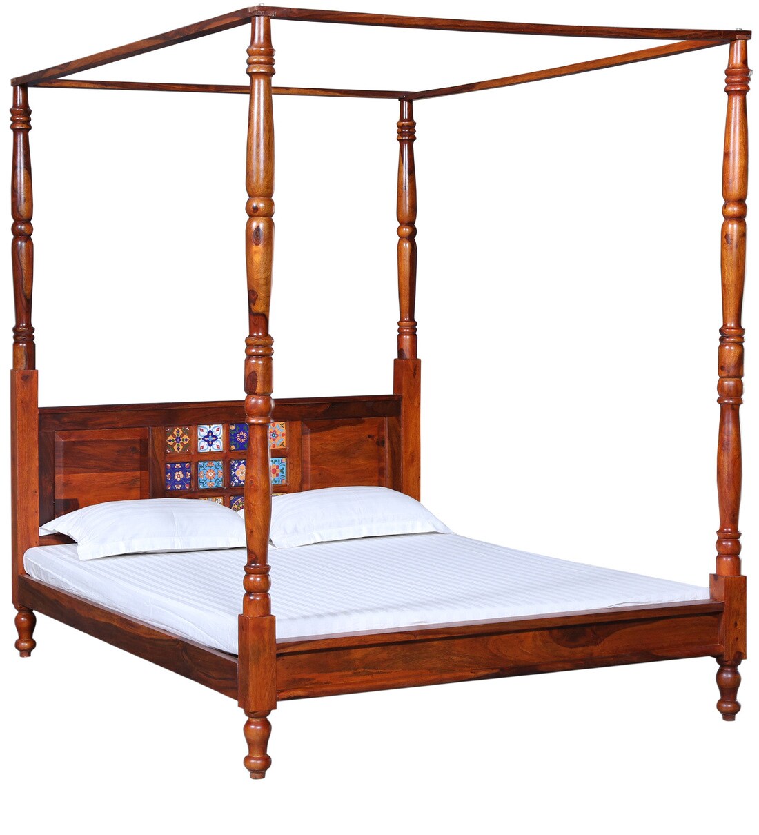 Buy Siramika Solid Wood Queen Size Poster Bed in Honey Oak Finish By