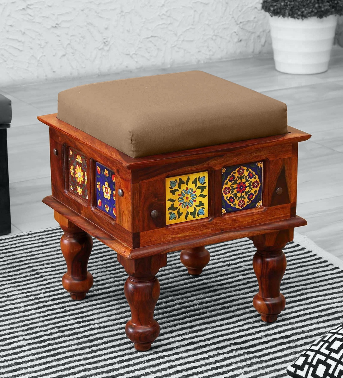 Buy Siramika Solid Wood Seating Stool In Honey Oak Finish By Mudramark Online Traditional