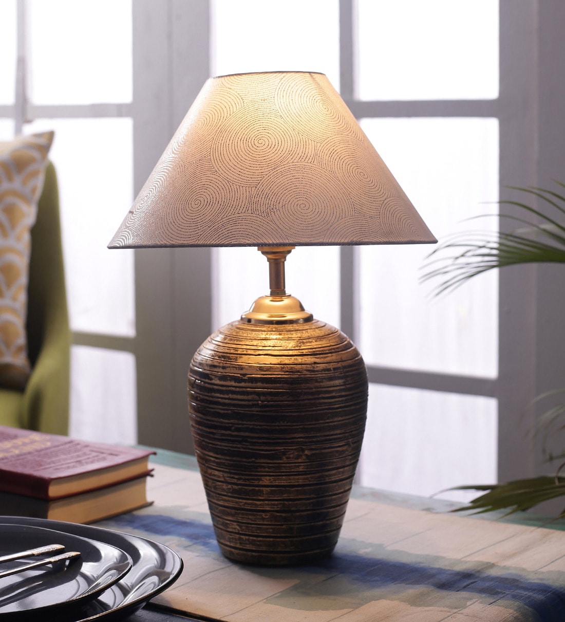 Buy Silver Fabric Shade Table Lamp With Gold Base By Foziq Online Crafted Table Lamps Table Lamps Lamps Lighting Pepperfry Product