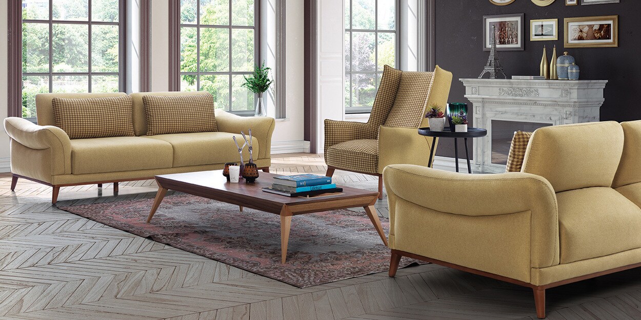 Buy Silvio 3 Seater Sofa in Straw Yellow Colour CasaCraft By
