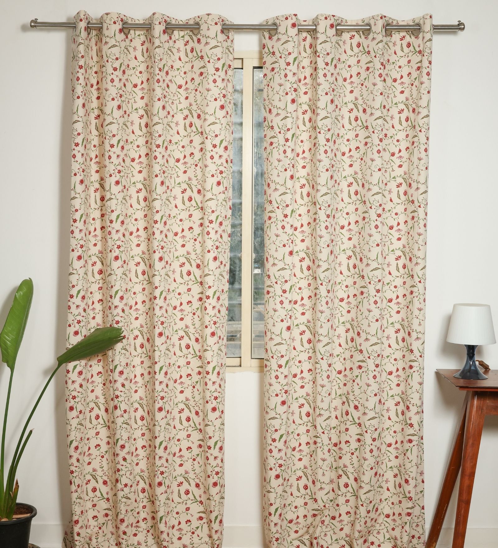 Sicily Cream & Red & Green Cotton 230 GSM  Ethnic 7 Feet Room Darkening Eyelet Door Curtains (2 Pc)