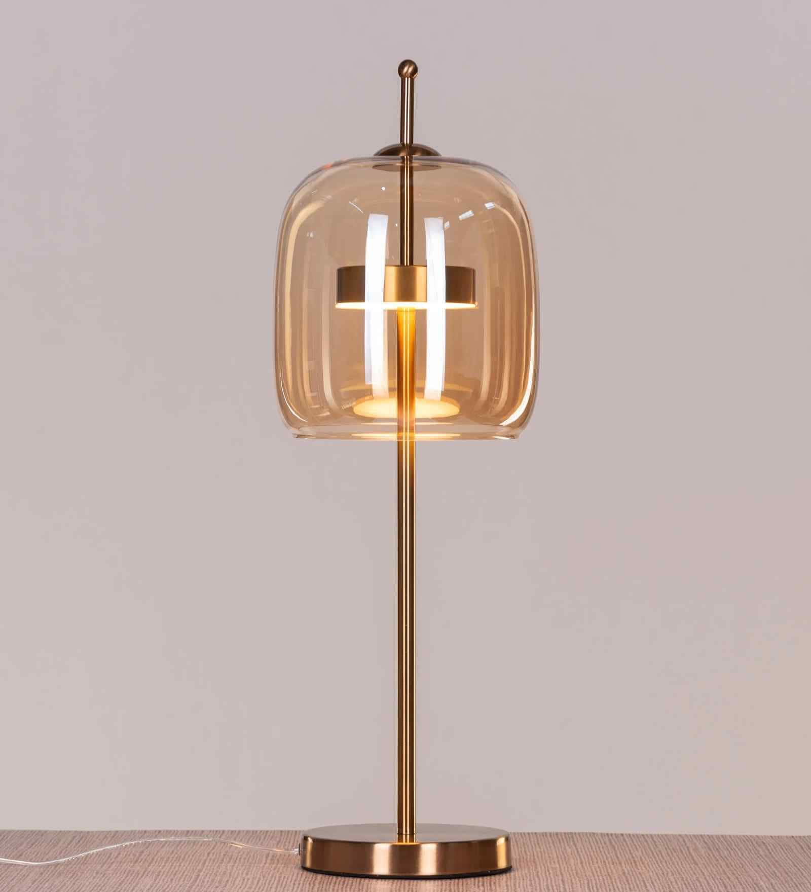 Sienna Amber Glass Table Lamp Gold Metal Body Tri-Color LED Modern Decorative Bedside Lamp