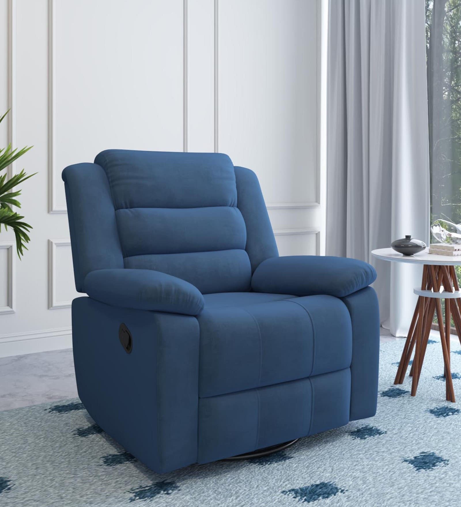 Sierra Velvet 1 Seater Manaul Recliner Rocker & Swivel In Blue Color