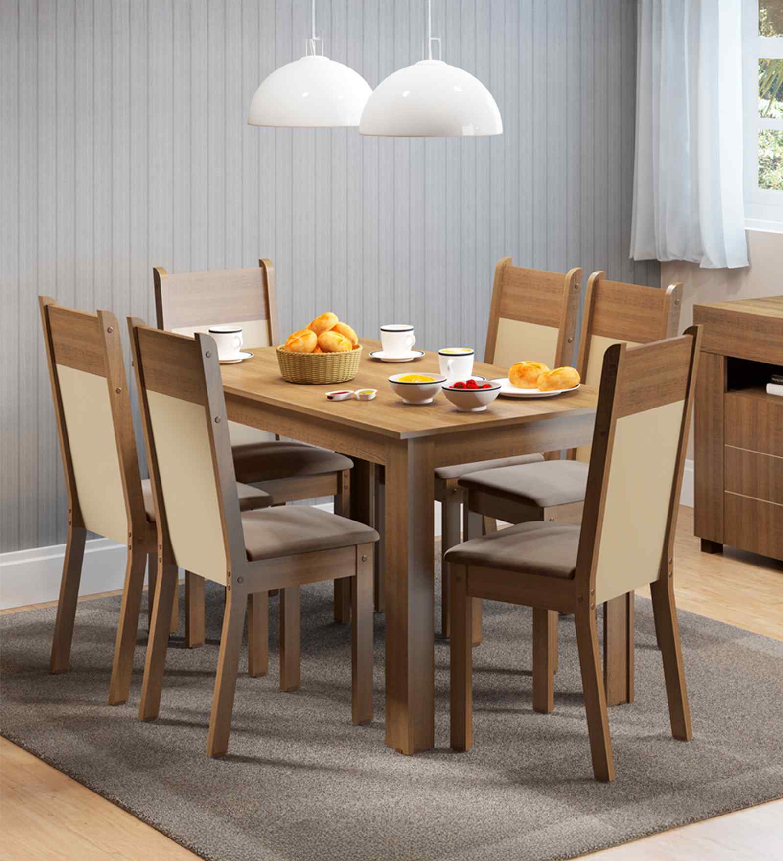 Sierra 6 Seater Dining Set With Cushioned Seats In Brown & Beige Color