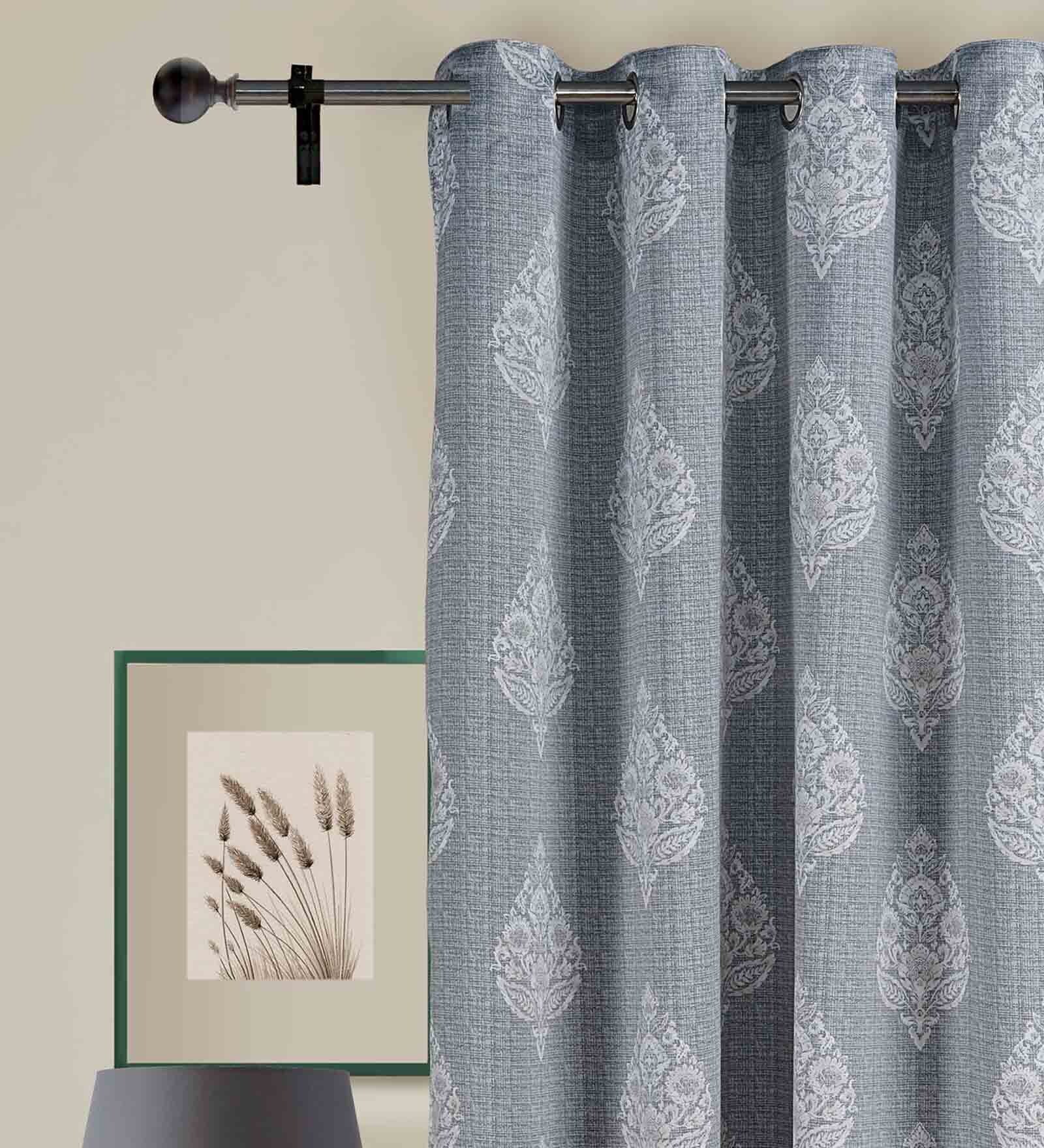 Grey Traditional Polyester 7 Ft Blackout Eyelet Door Curtains (Set of 2)