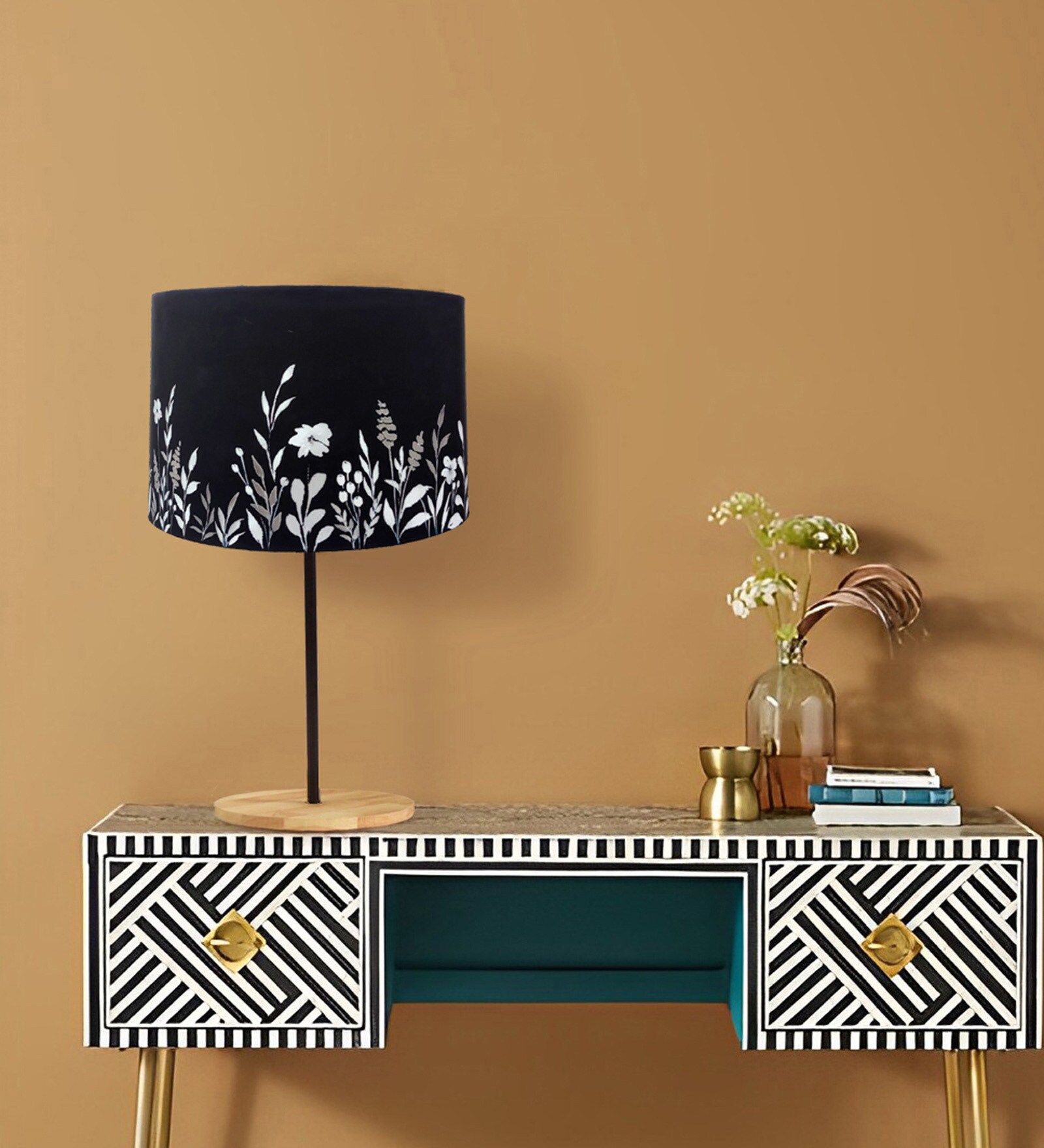 Silhoutte Black Polyester Shade Table Lamp with Wood Base