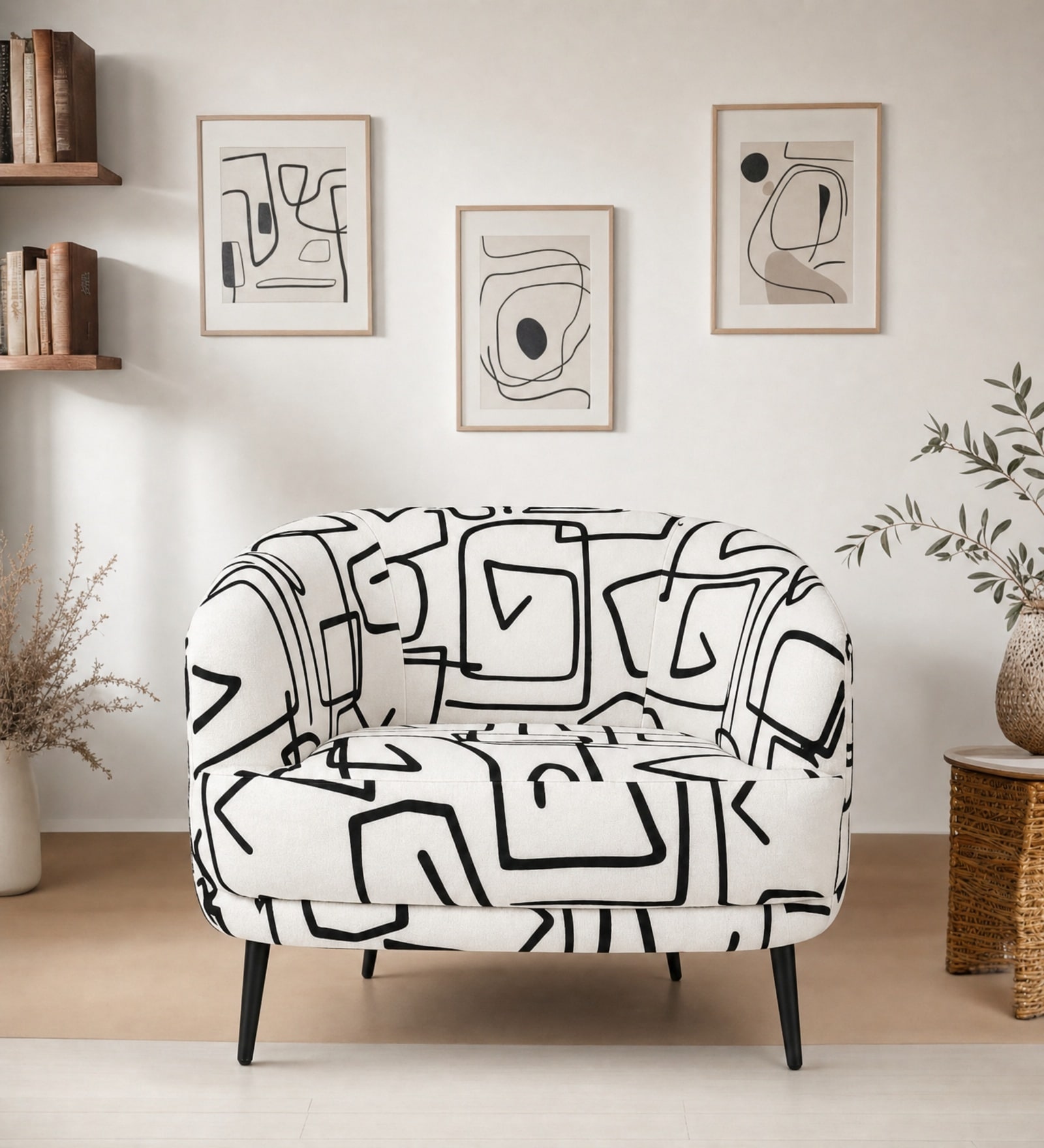 Silhoux Arlo Abstract Linear Premium Polyester Fabric Accent Chair In White And Black Colour