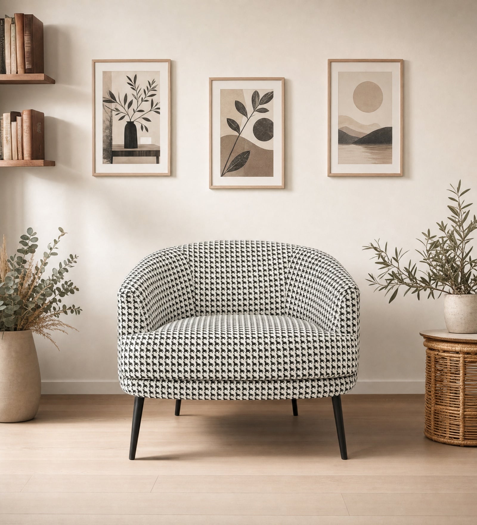 Silhoux Arlo Classic Houndstooth Premium Polyester Fabric Accent Chair In White And Black Colour
