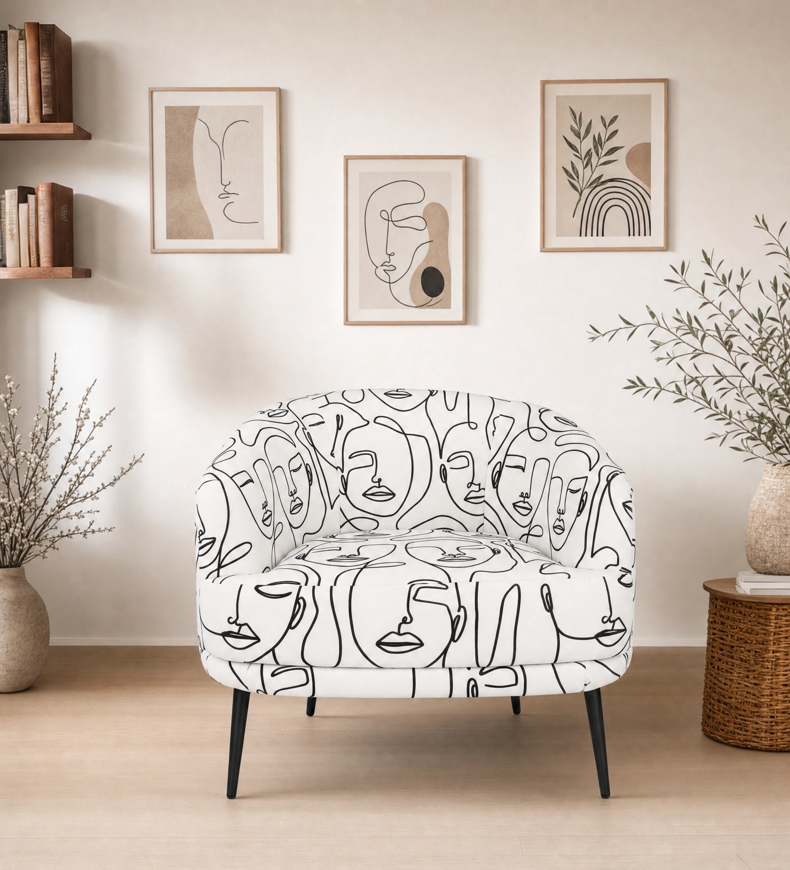 Silhoux Arlo Modern Muse Premium Polyester Fabric Accent Chair In White And Black Colour