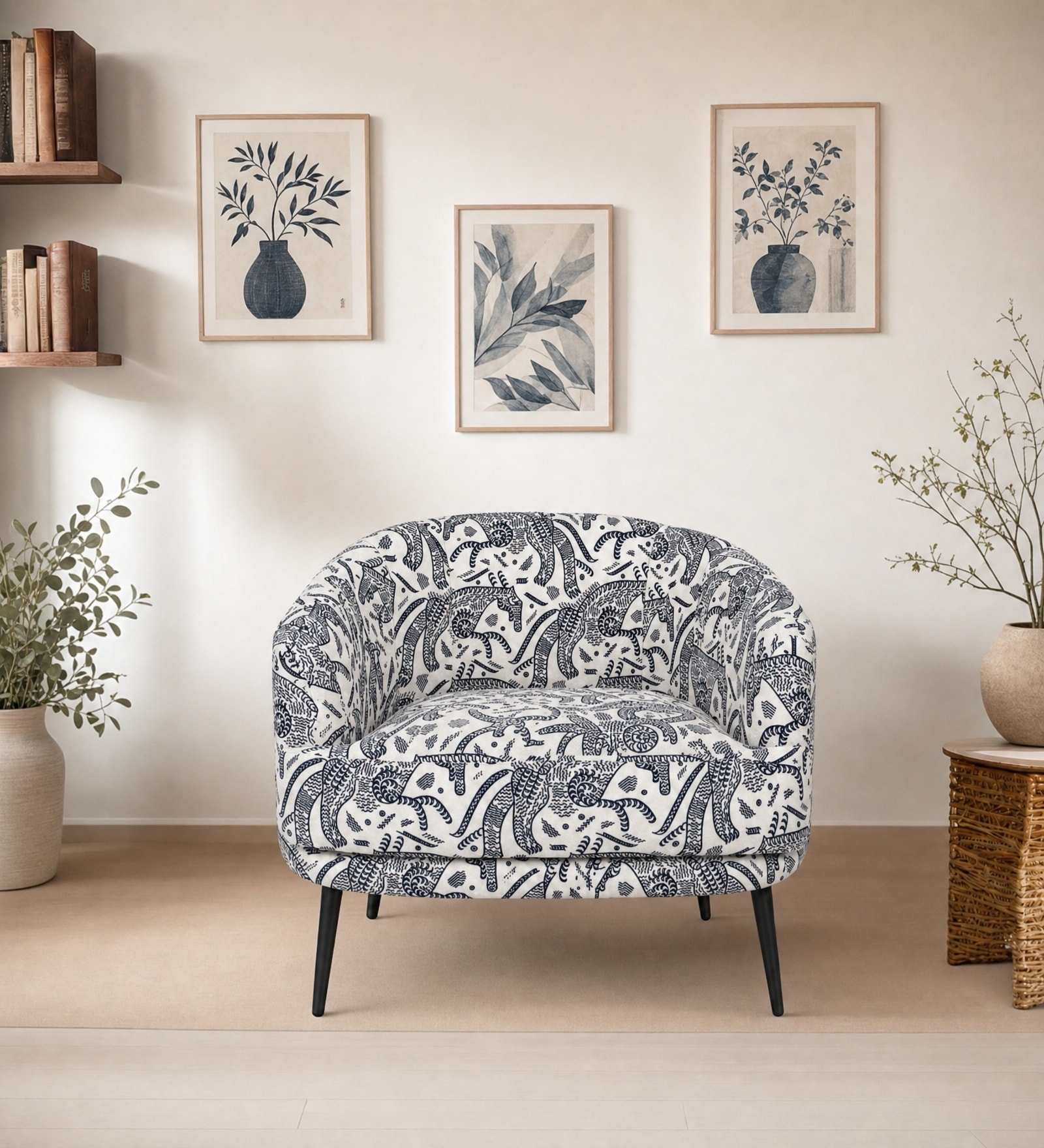 Silhoux Arlo Safari Sketch Premium Polyester Fabric Accent Chair In White And Black Colour
