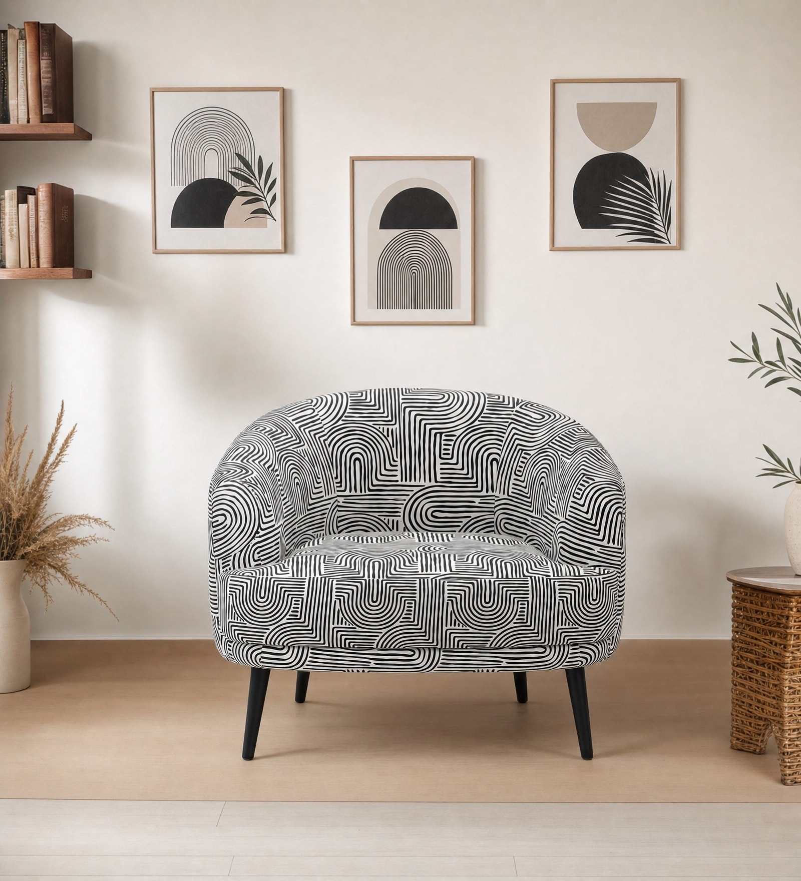 Silhoux Arlo Urban Maze Premium Polyester Fabric Accent Chair In White And Black Colour