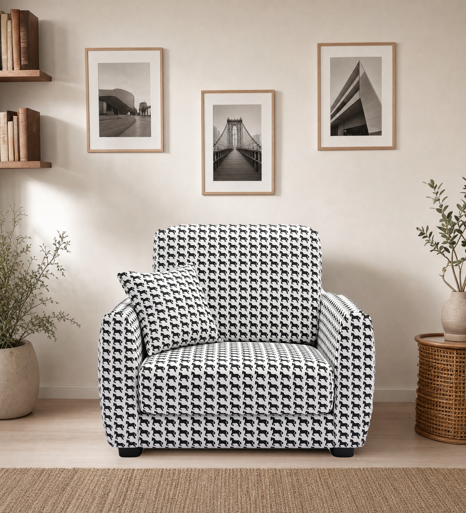 Orion Classic Houndstooth 1 Seater Sofa In White And Black Colour