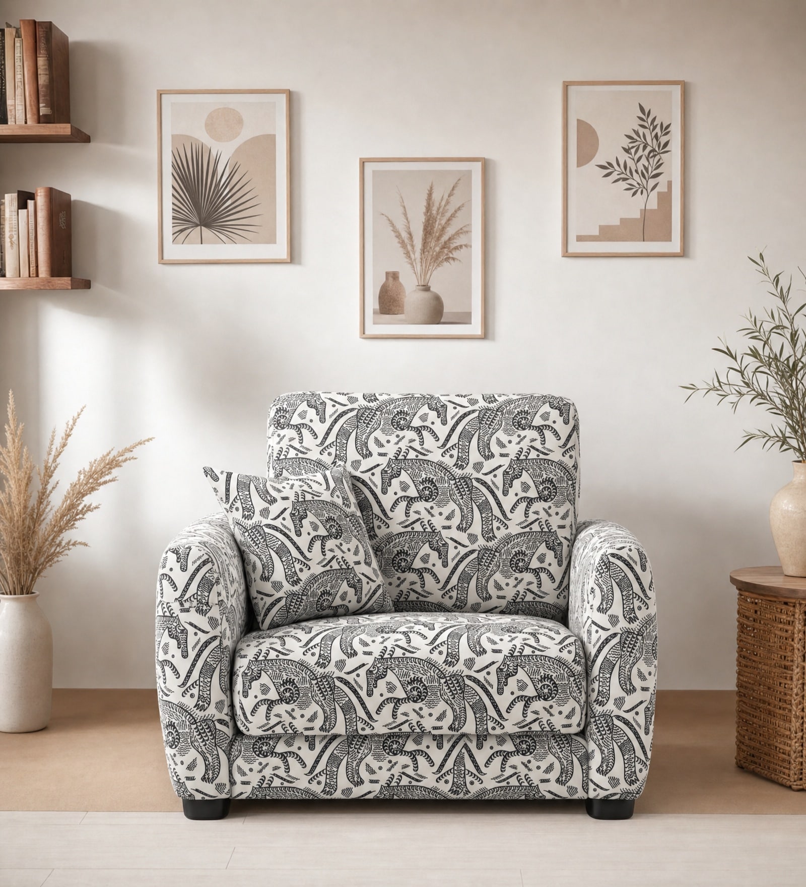 Orion Safari Sketch 1 Seater Sofa In White And Black Colour