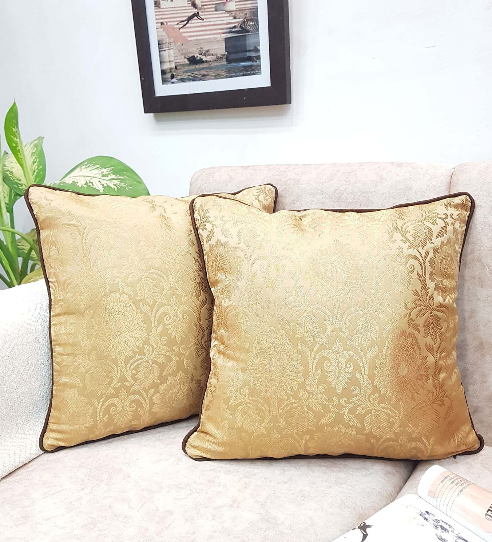 Gold Traditional Silk 16 x 16 Inches Cushion Covers (Set of 2)