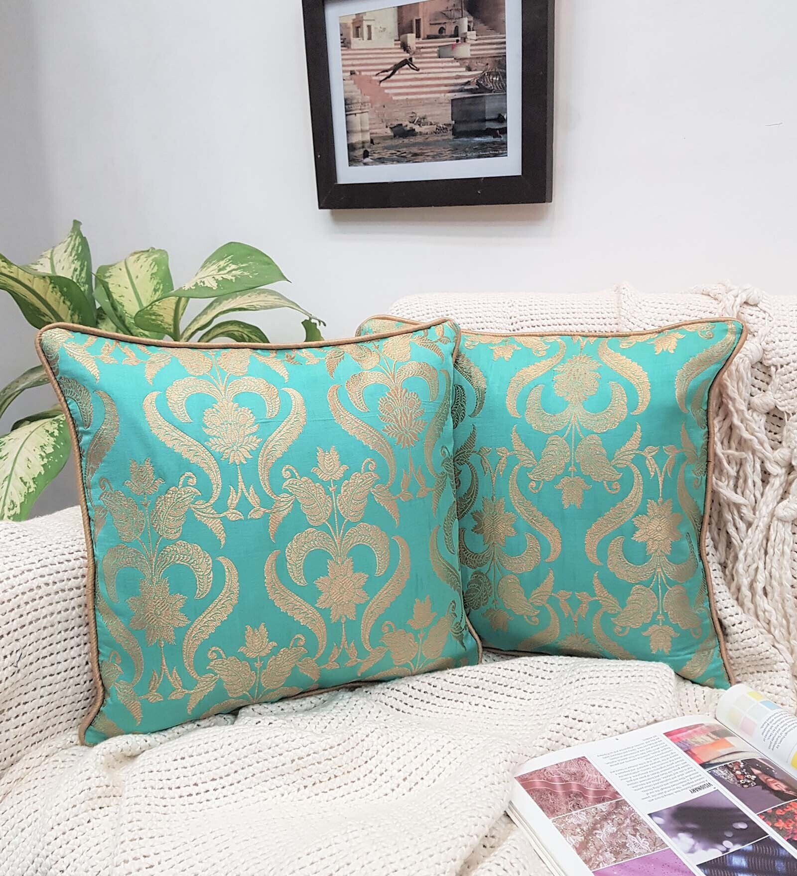 Green & Golden Traditional Silk 16 x 16 Inches Cushion Covers (Set of 2)