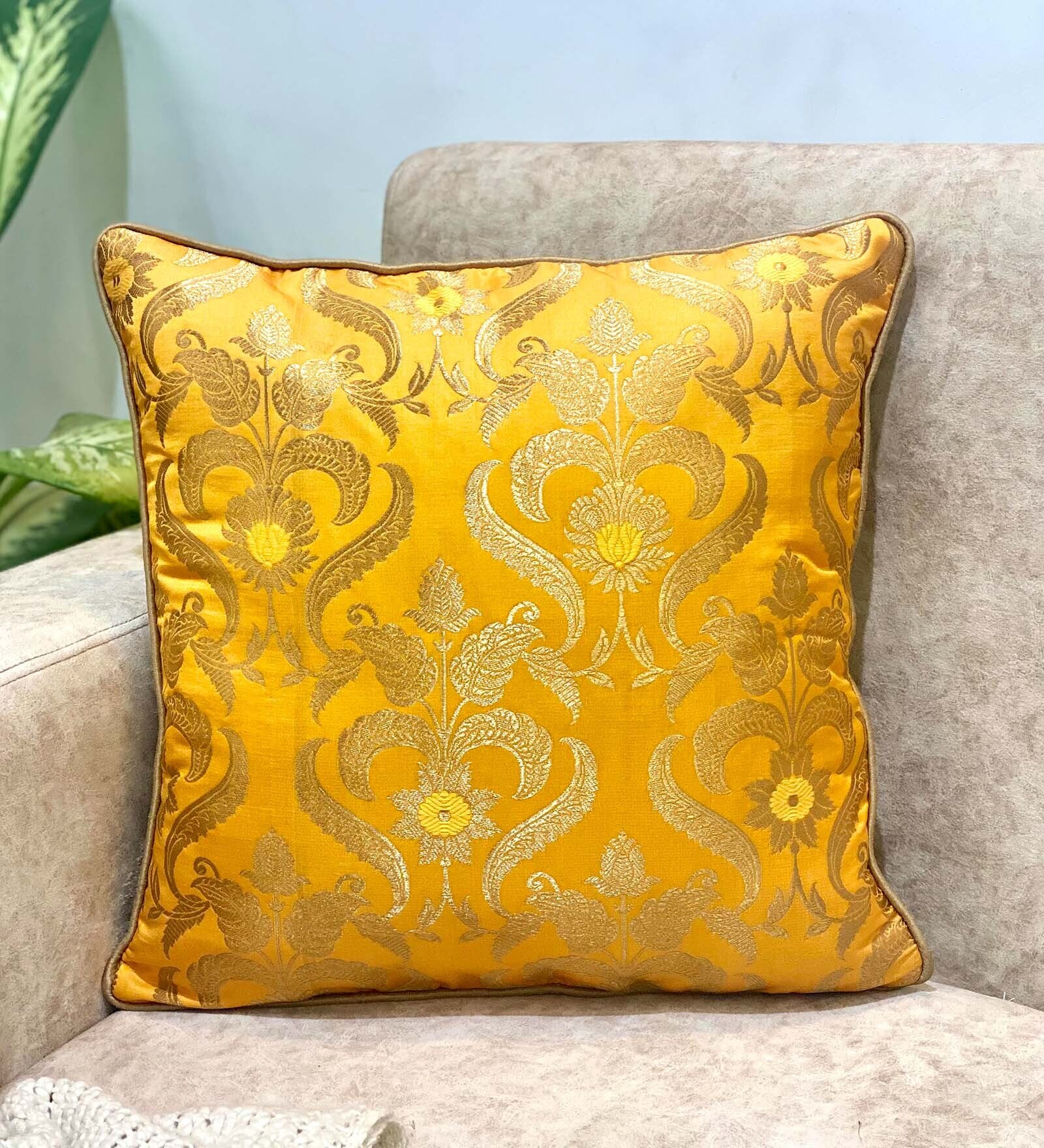 Yellow Traditional Silk 16 x 16 Inches Cushion Covers (Pack of 2)