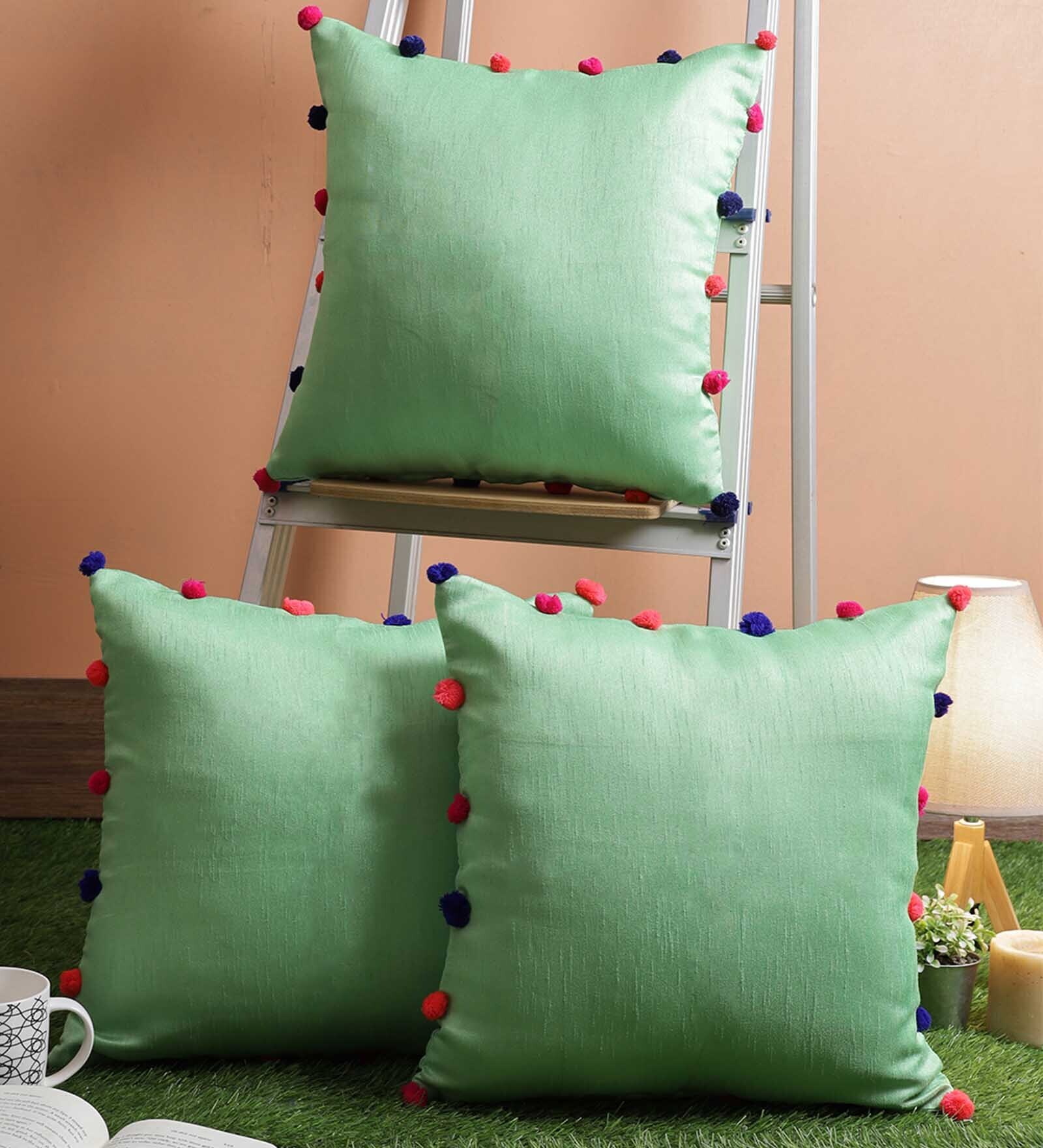 Buy Silk Cushion Cover With Pom Pom Balls in Green Color (Set of 3) by Rangdesi at 57 OFF by