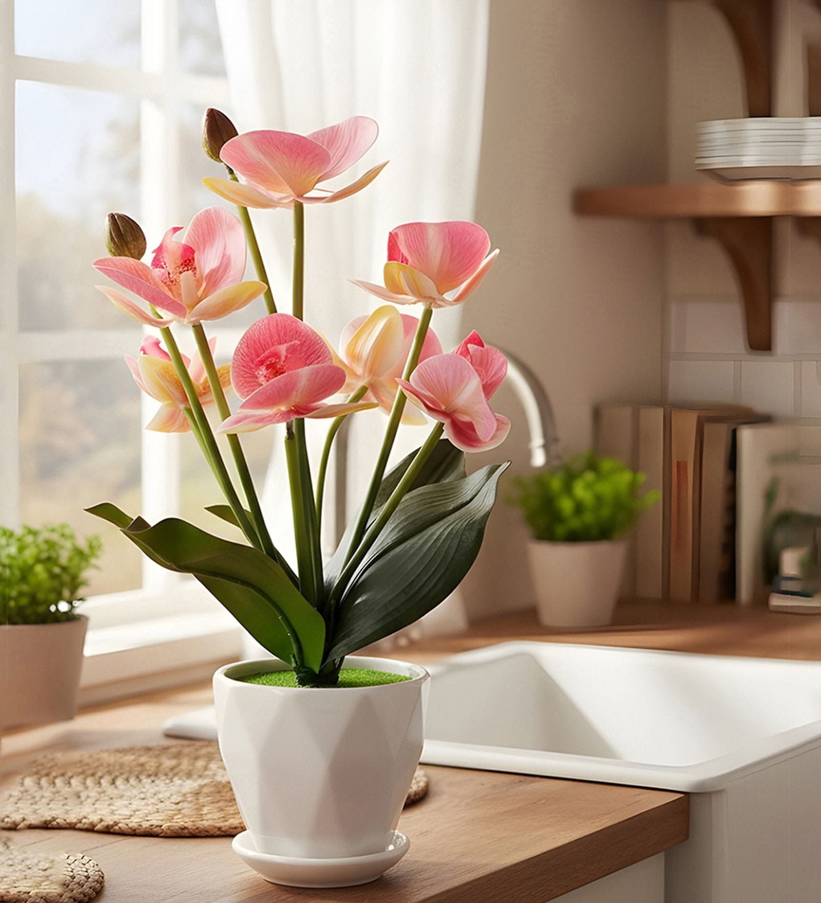 Silk Fabric Orchid Radiance Arrangement Pot With Flower