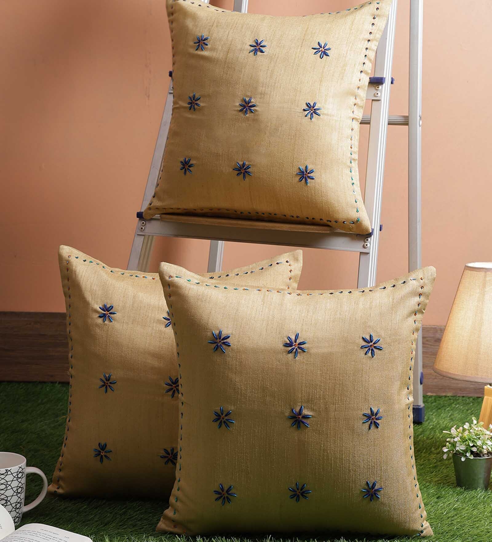 Gold Traditional Silk 16 x 16 Inches Embroidered Cushion Covers (Set of 3)
