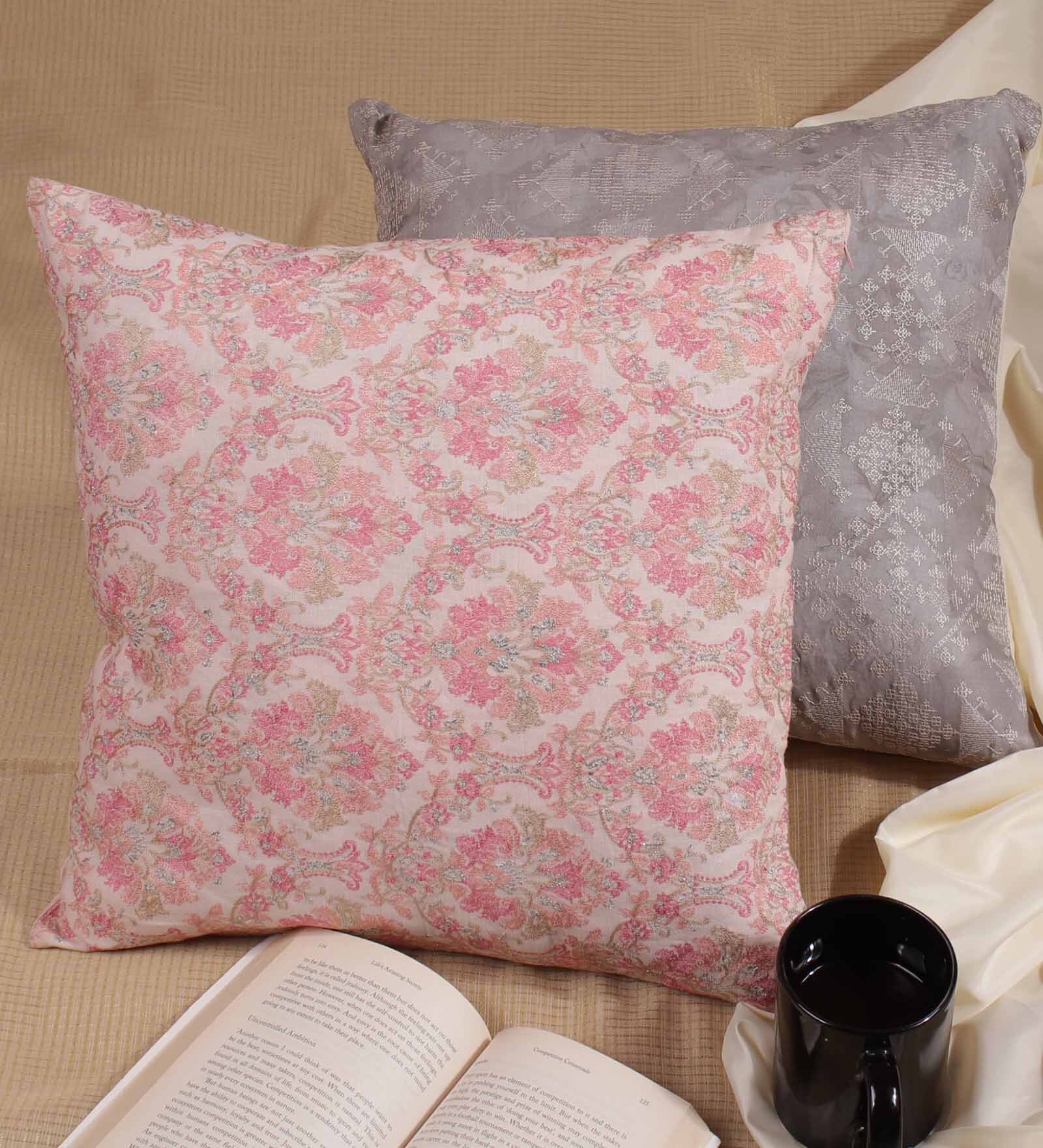Pink Floral Chanderi Silk 16 x 16 Inches Embroidered Cushion Cover (Set of 2)