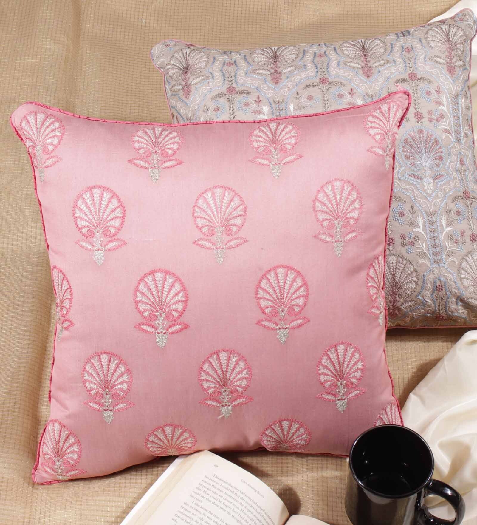 Pink Traditional Chanderi Silk 16 x 16 Inches Embroidered Cushion Covers (Set of 2)