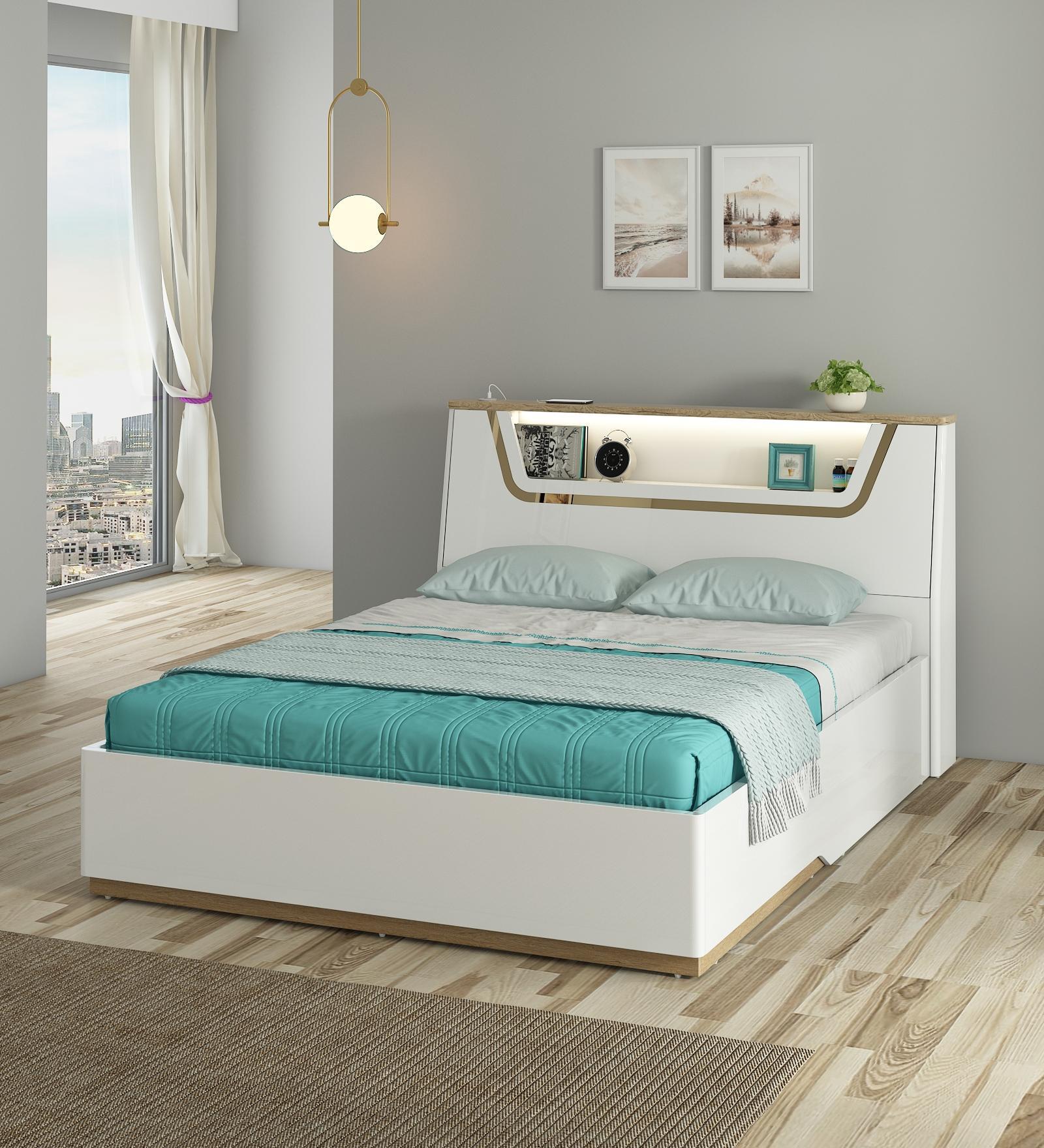 Silvarra King Size Bed With Usb Port Led Headboard & Hydraulic Storage In High Gloss White Finish