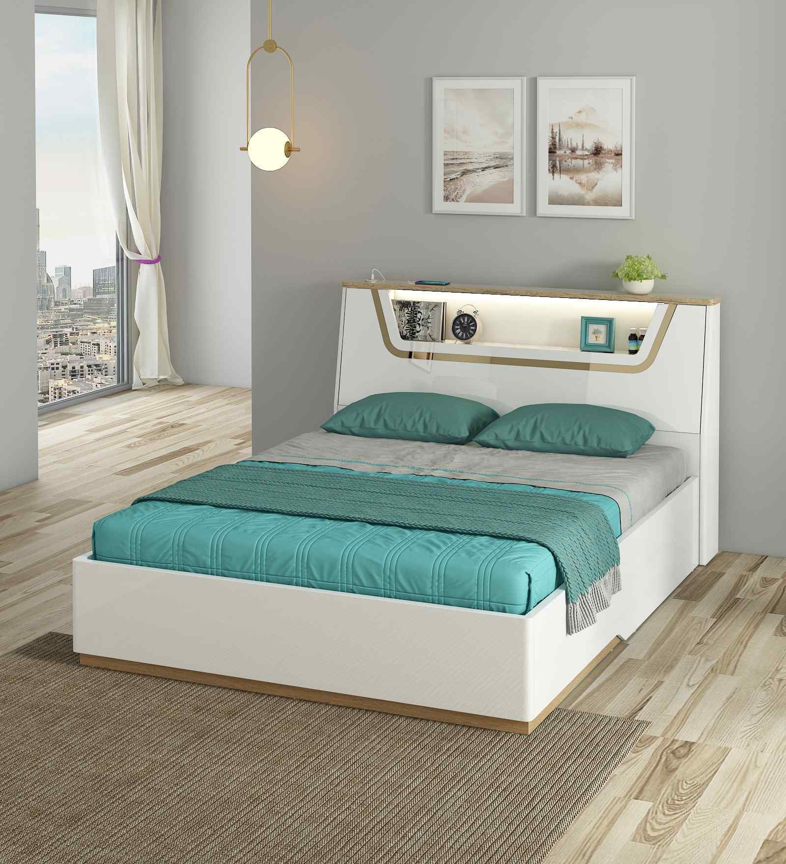 Silvarra Queen Size Bed With Usb Port Led Headboard & Hydraulic Storage In White Gloss Finish