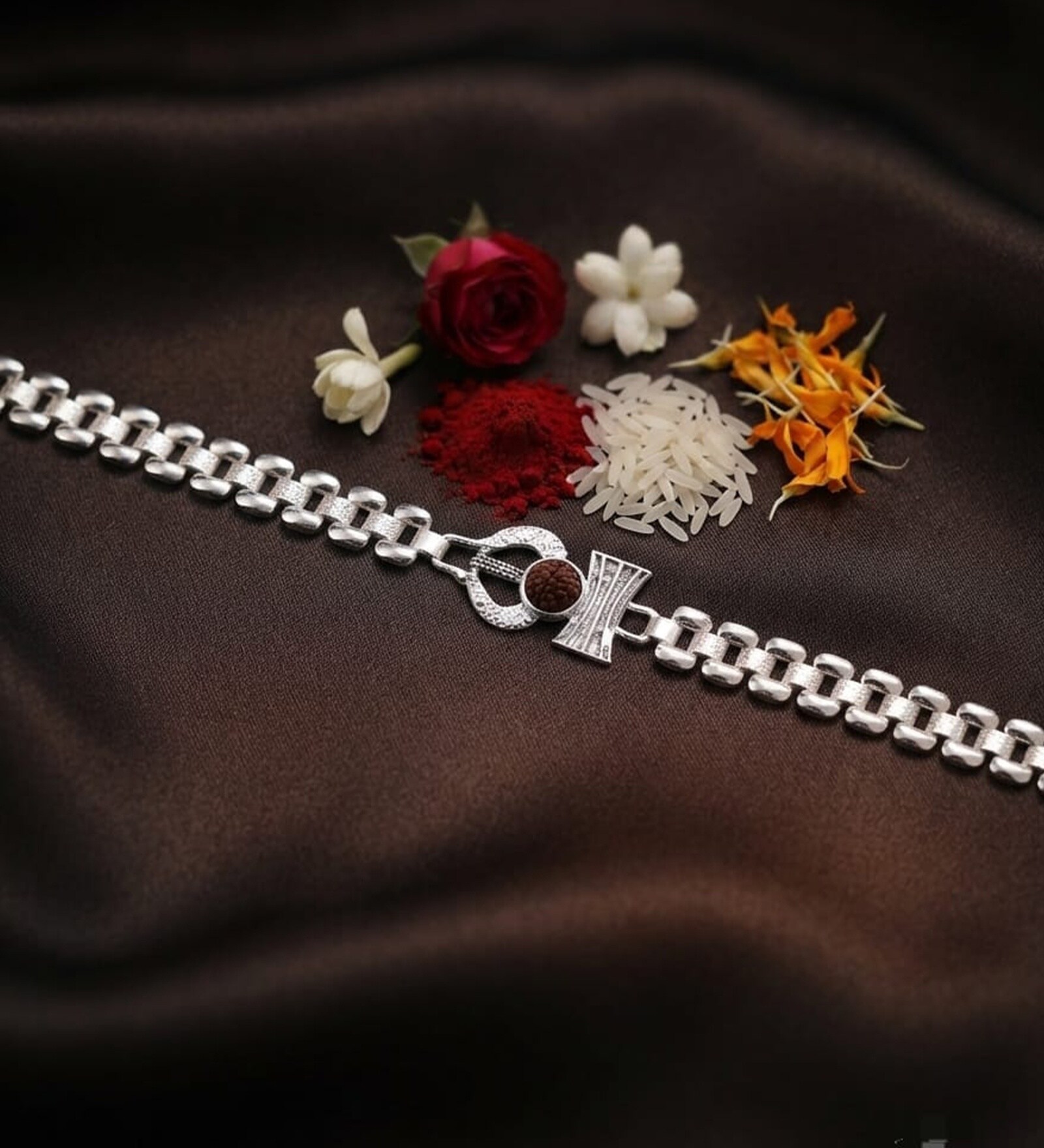 Silver & Brown Mahadev Rudraksh Silver Finish Chain Bracelet Rakhi