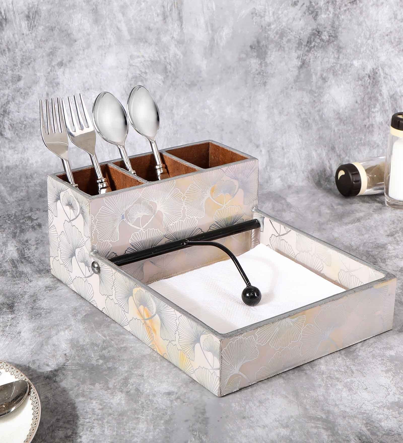 Silver & Multicolour MDF Wood New Flower Cutlery Tissue Holder