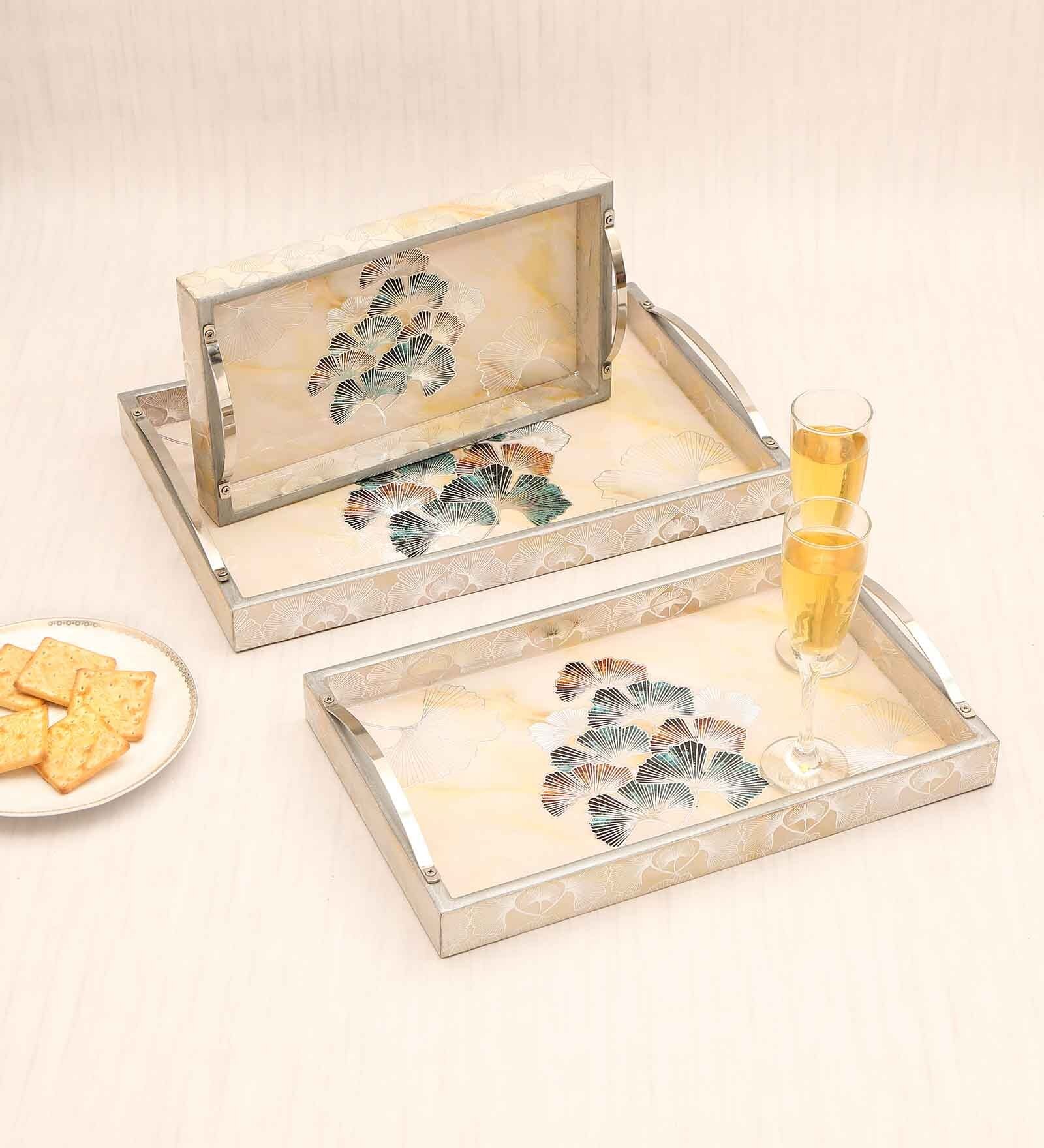 Silver & Multicolour MDF Wood New Flower (Set of 3) Serving Tray