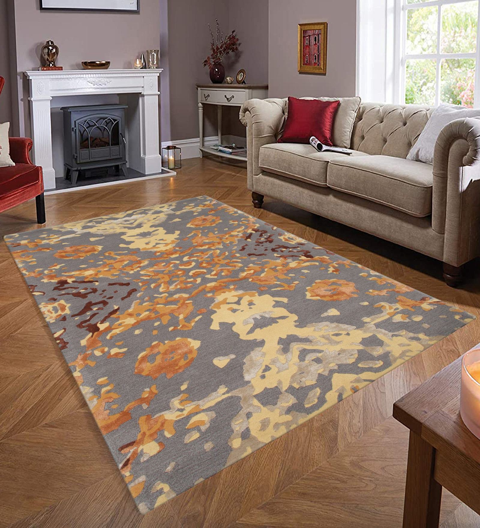 Silver & Orange Abstract Wool And Viscose 5 ft x 7 ft Hand tufted Carpet 