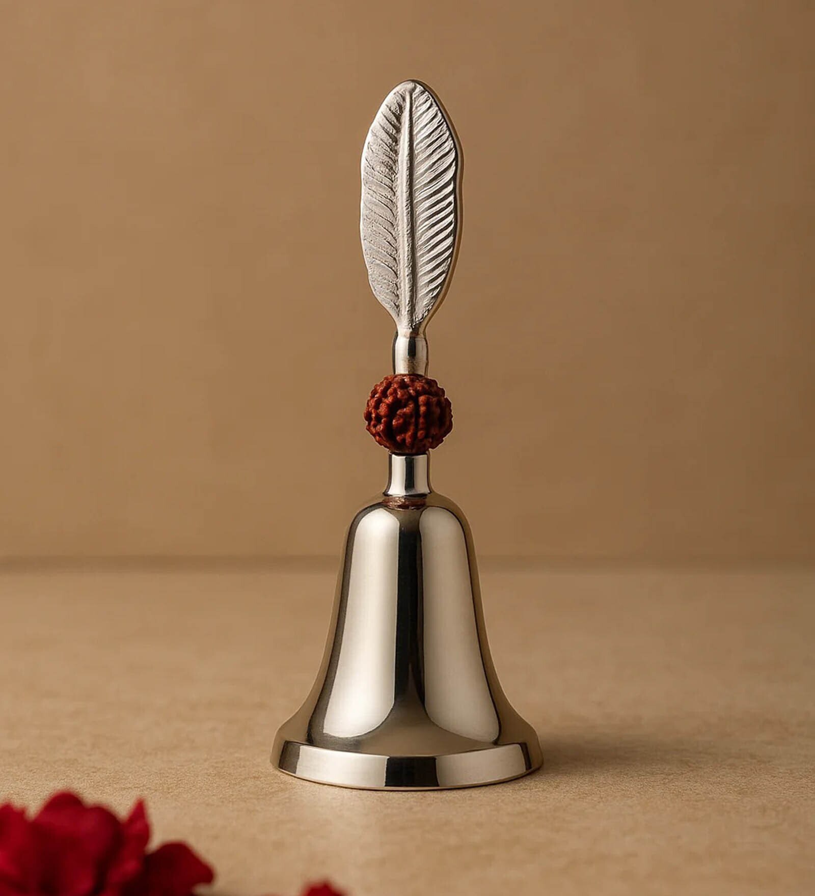 Silver Bell with Decorative Rudraksh Feather Handle