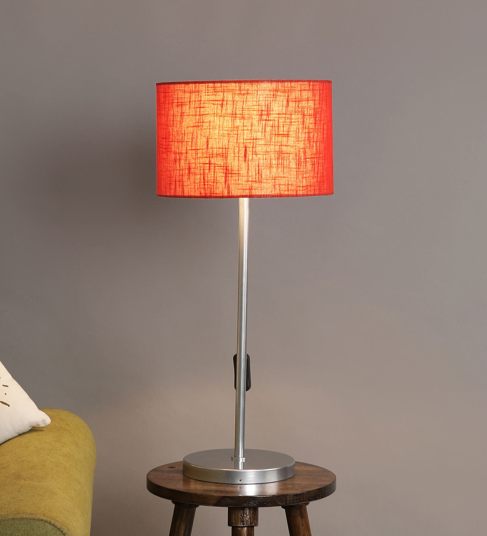 Buy Silver Color Metal Table Lamp With Red Shade By Sanded Edge