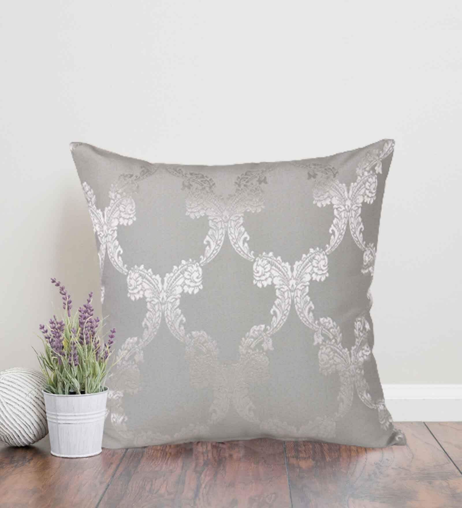 Silver Traditional Ethnic Cotton 14 x 14 Inches Cushion Cover