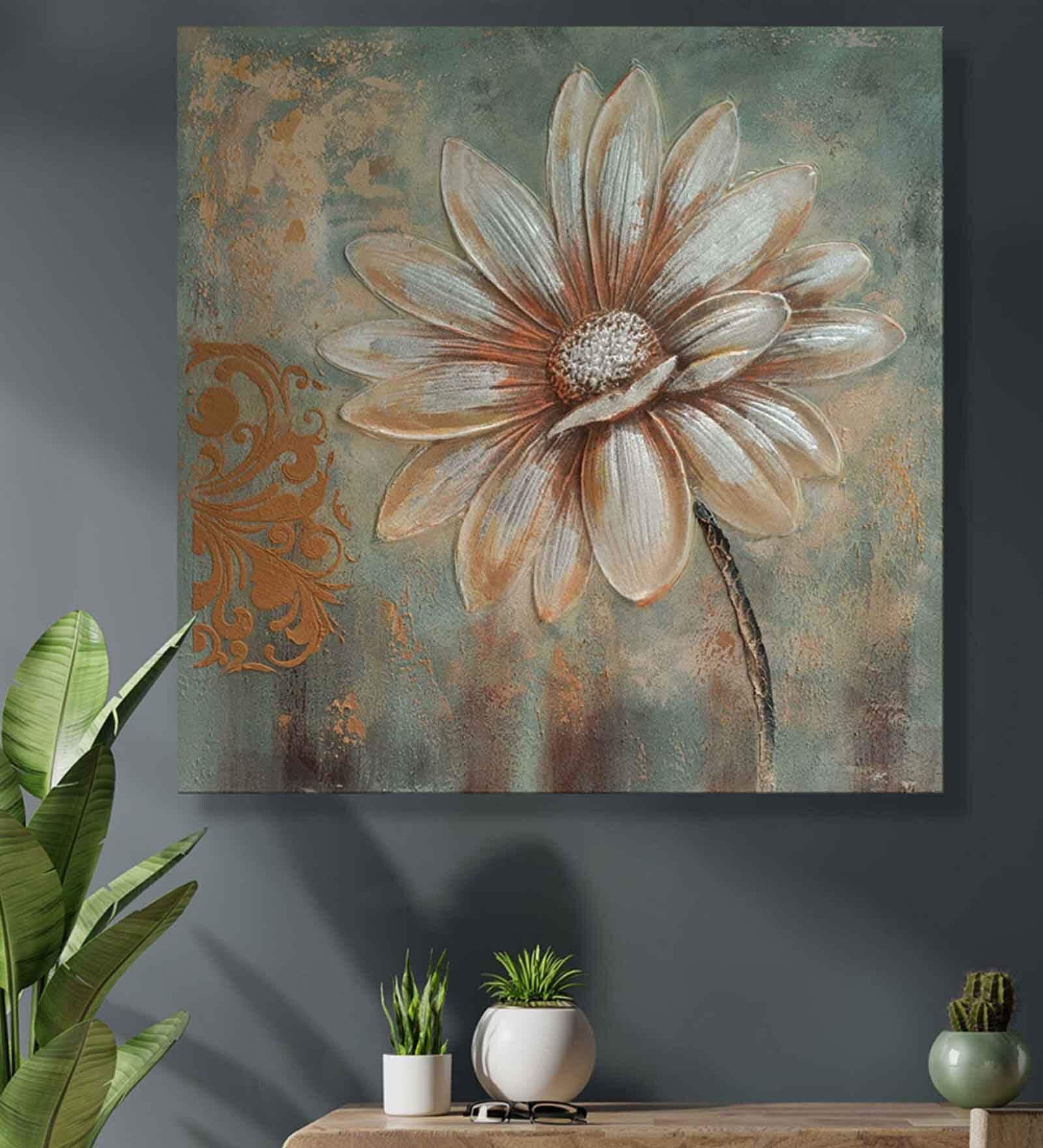 Silver Daisy Floral Embossed Original On Canvas Painting