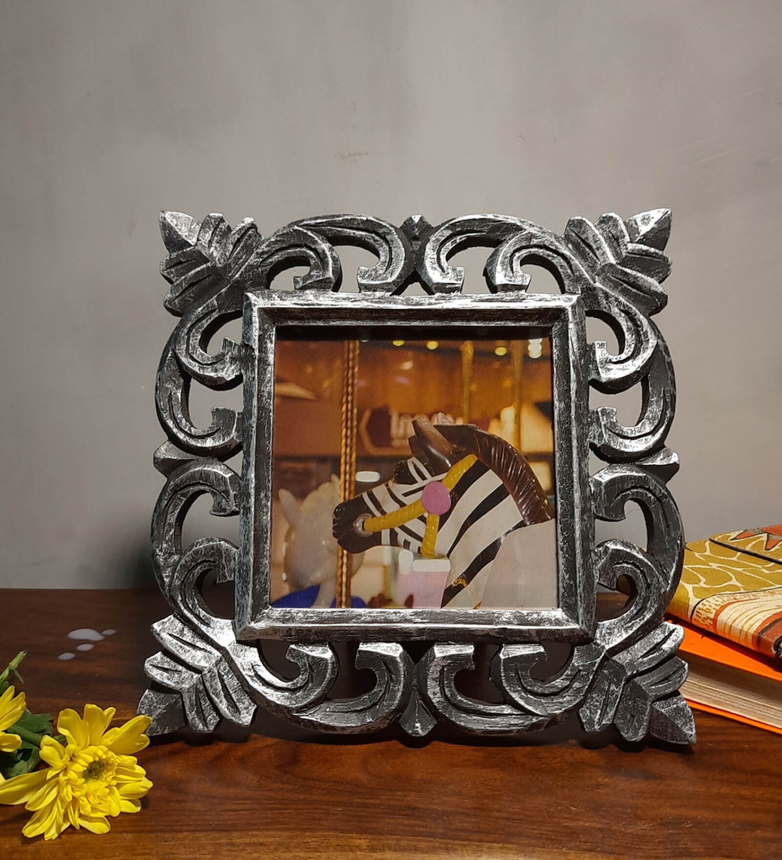 Buy Silver Engineered Wood Table Top Wooden Carved Square Photo Frame