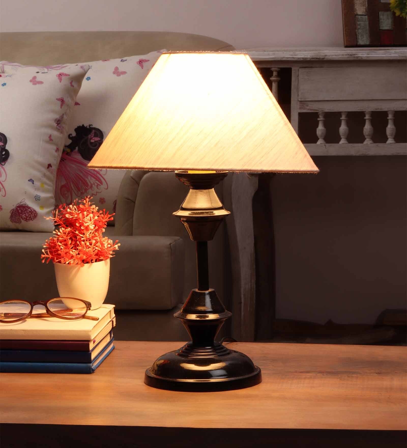 Silver Fabric Shade Table Lamp with Black Base