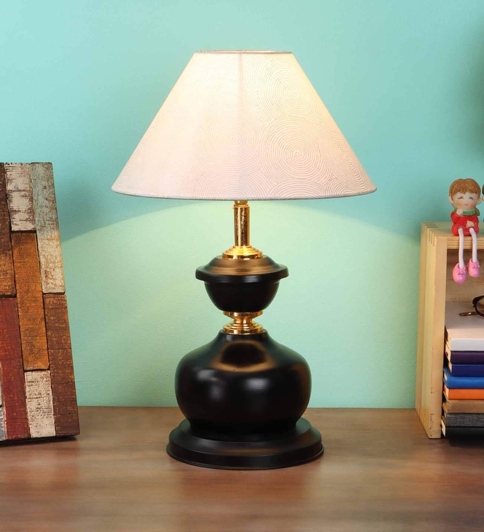 Silver Fabric Shade Table Lamp with Black Base
